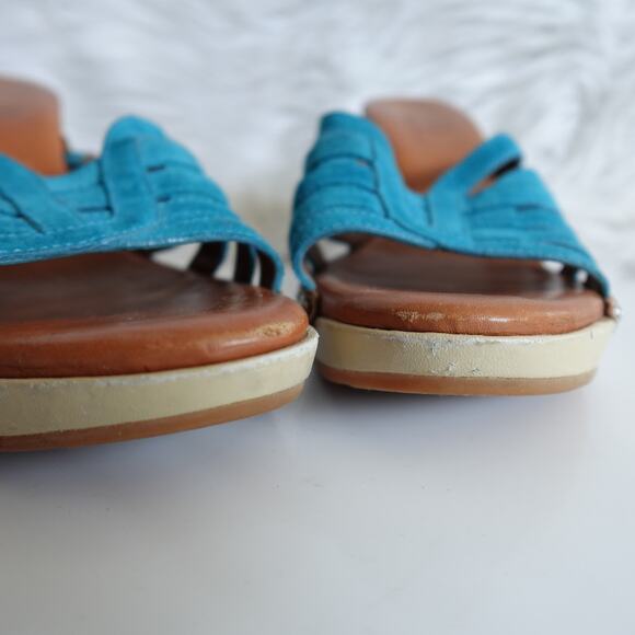 Clarks Y2K Clio Teal Blue Suede Slip-on Tan Leather Wooden High Heels - Picture 5 of 13